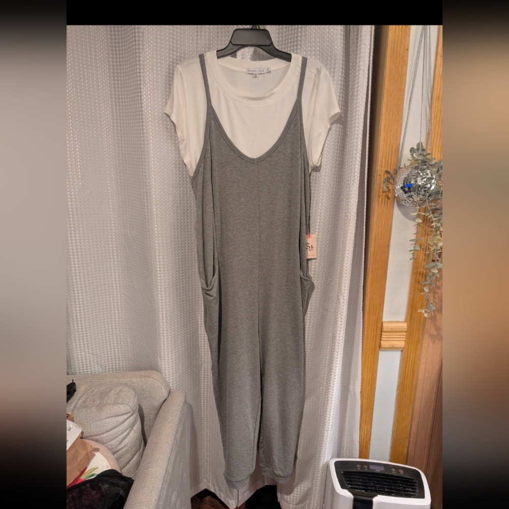 Gray Sleeveless Jumpsuit with White Tee